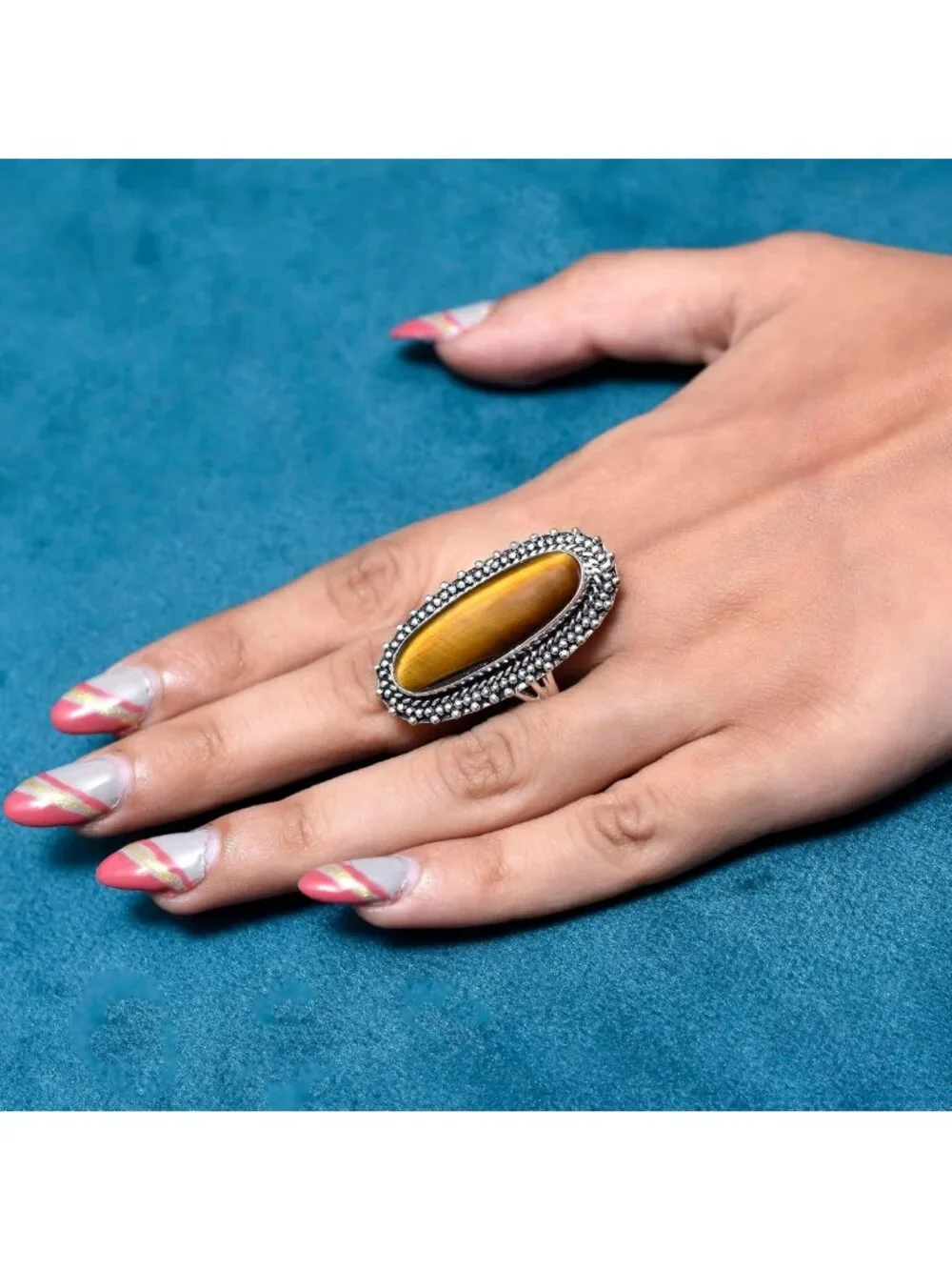Handmade 925 Sterling Silver Turquoise & Tiger's Eye Statement Rings for Women